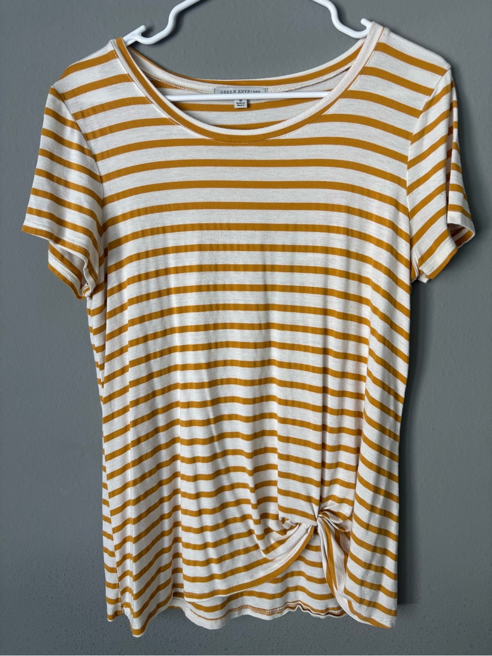 Green Envelope Mustard Yellow Striped Side Knot T-Shirt Women's Medium